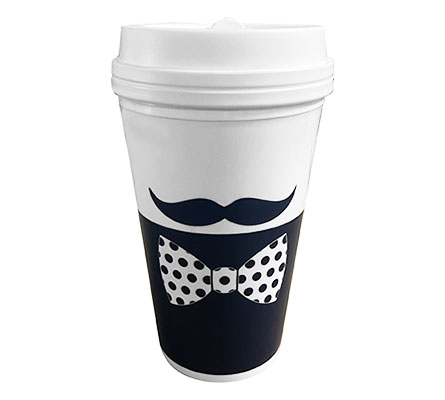 Blue travel mug with Hampton mustache logo